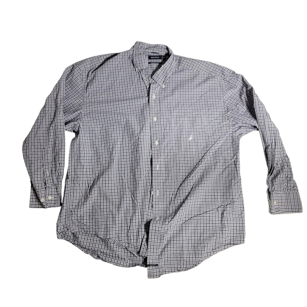 Nautica Mens 2XL Sanded Poplin Button Down Shirt Navy White Check Long Sleeve